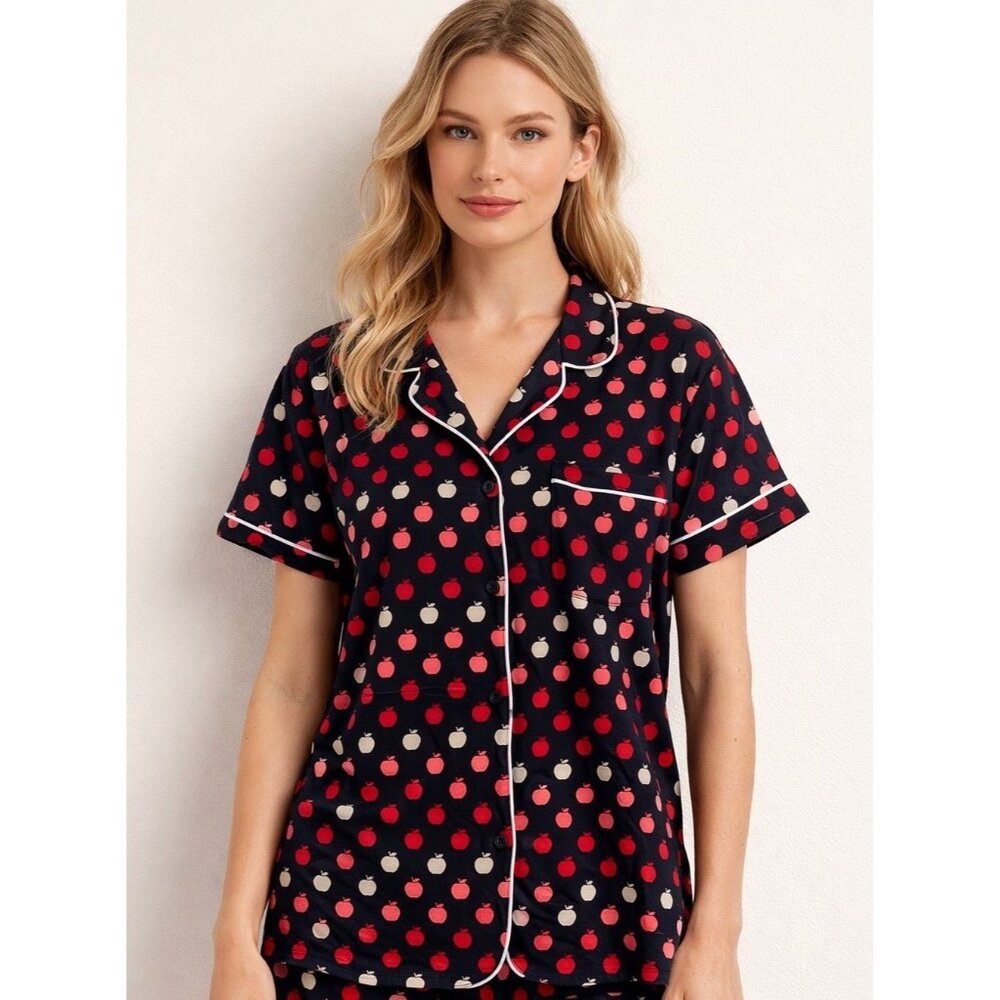 Kate Spade Pajama Top Only NEW Navy Pink Red Apples short sleeve Medium